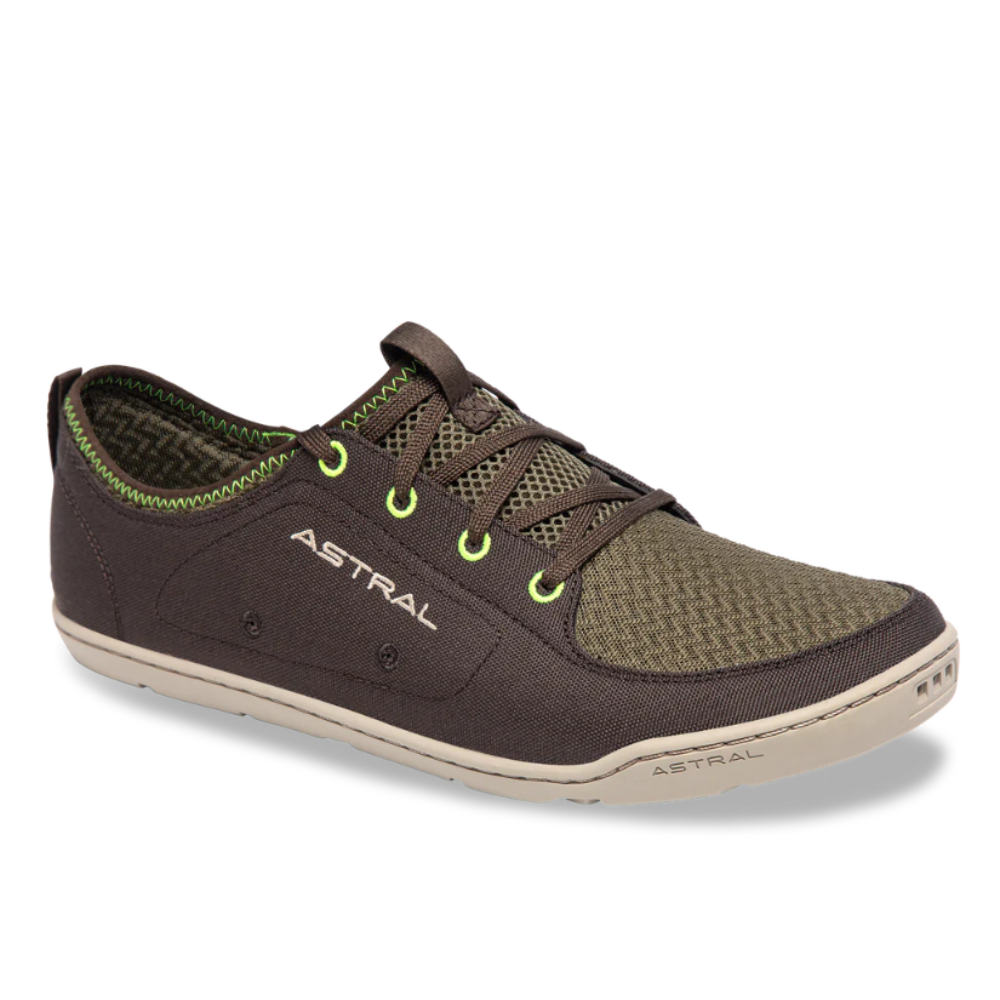 Brown and green sneaker with 'Astral' branding on a white background