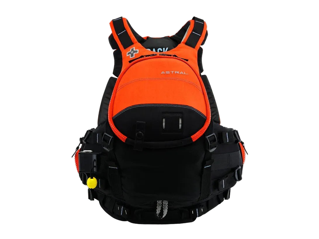 A black Astral GreenJacket Rescue PFD featuring a central pocket, chest straps, and a logo on the upper back.