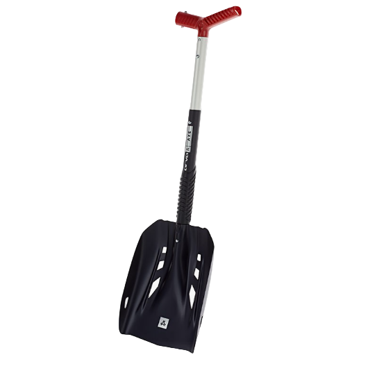 A black ARVA axe shovel with a telescopic shaft and a red handle, designed for snow removal.