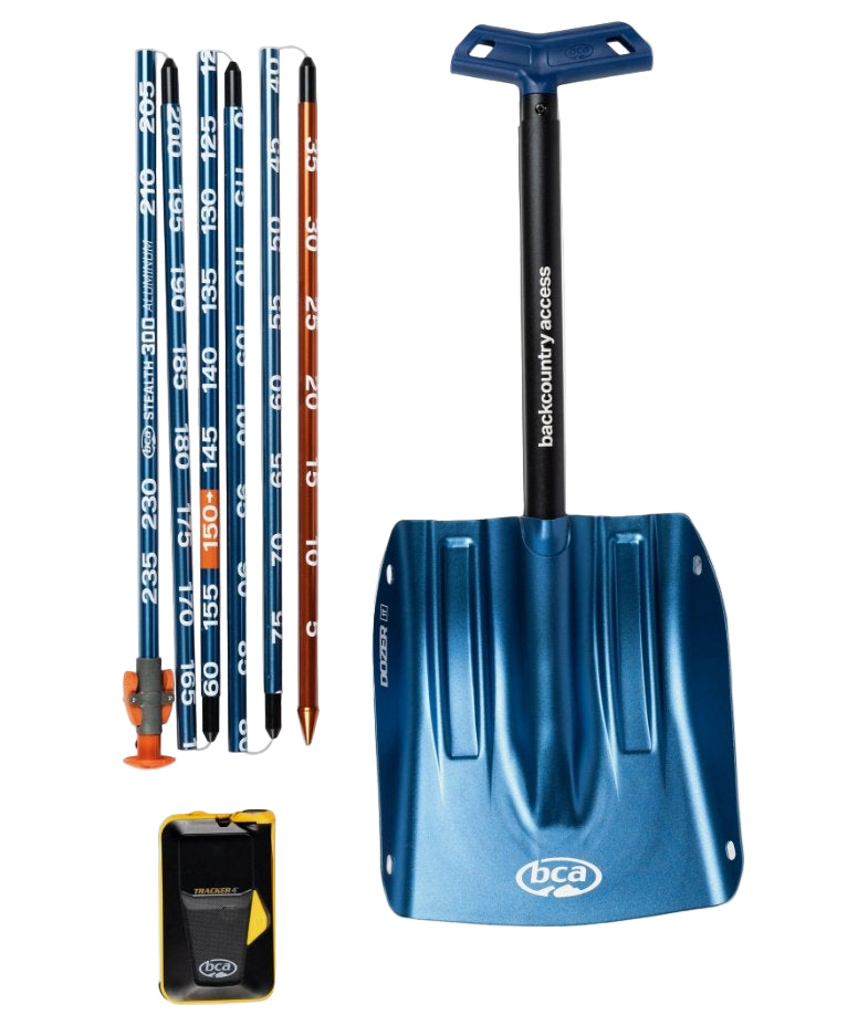 BCA Tracker 4 Avalanche Rescue Package including a blue shovel, a black and orange beacon, and a black probe.