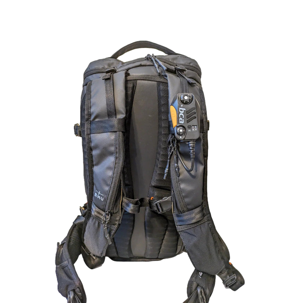 Gray backpack with visible branding on a white background