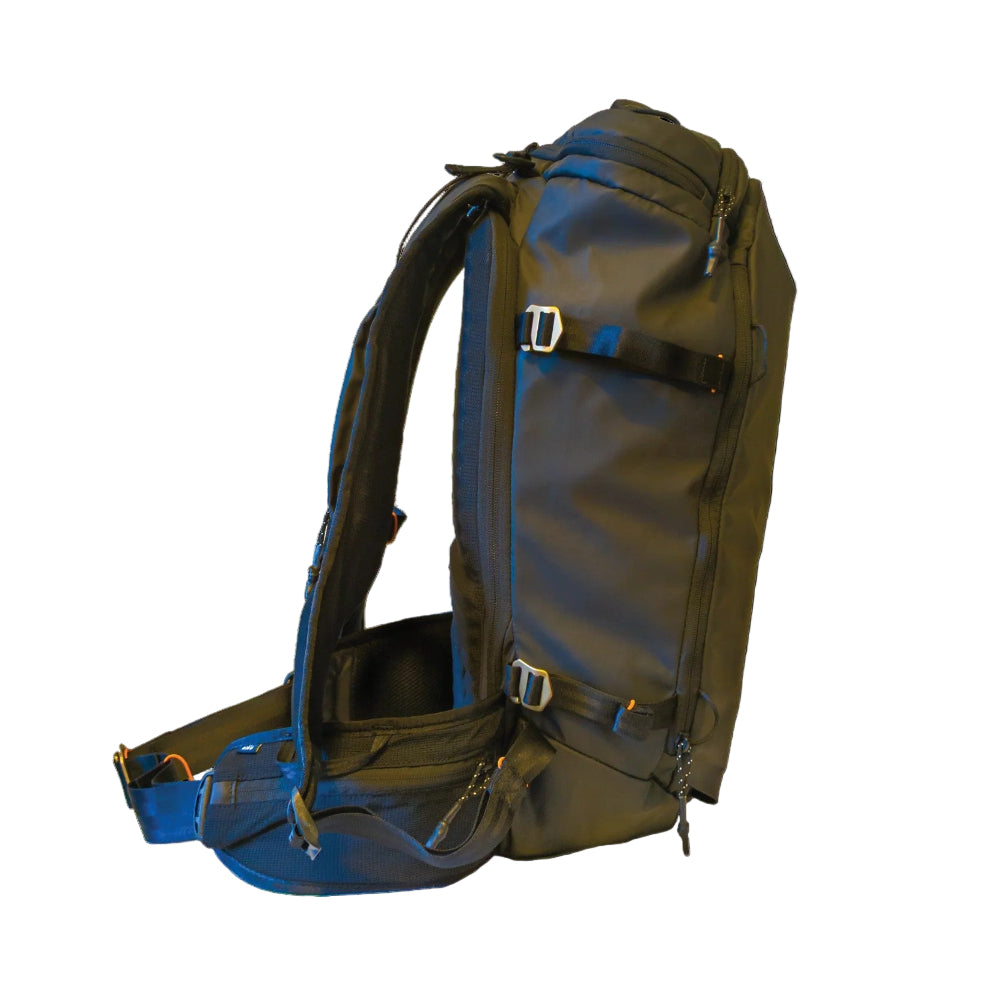 side view of Black backpack on a white background