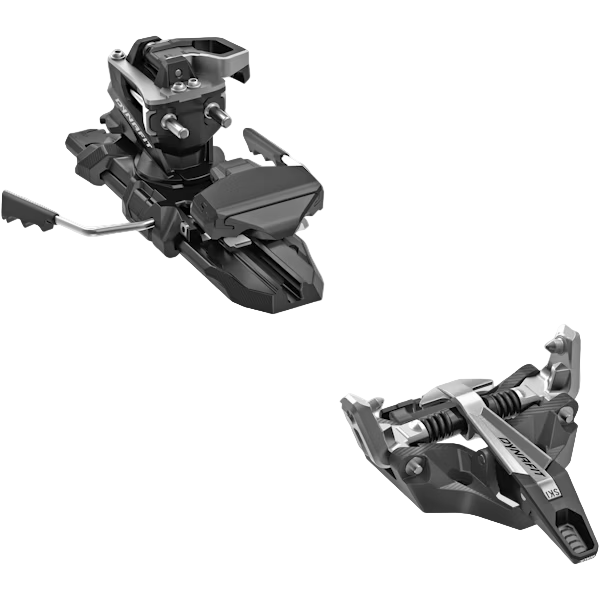 Two black ski bindings on a light gray background