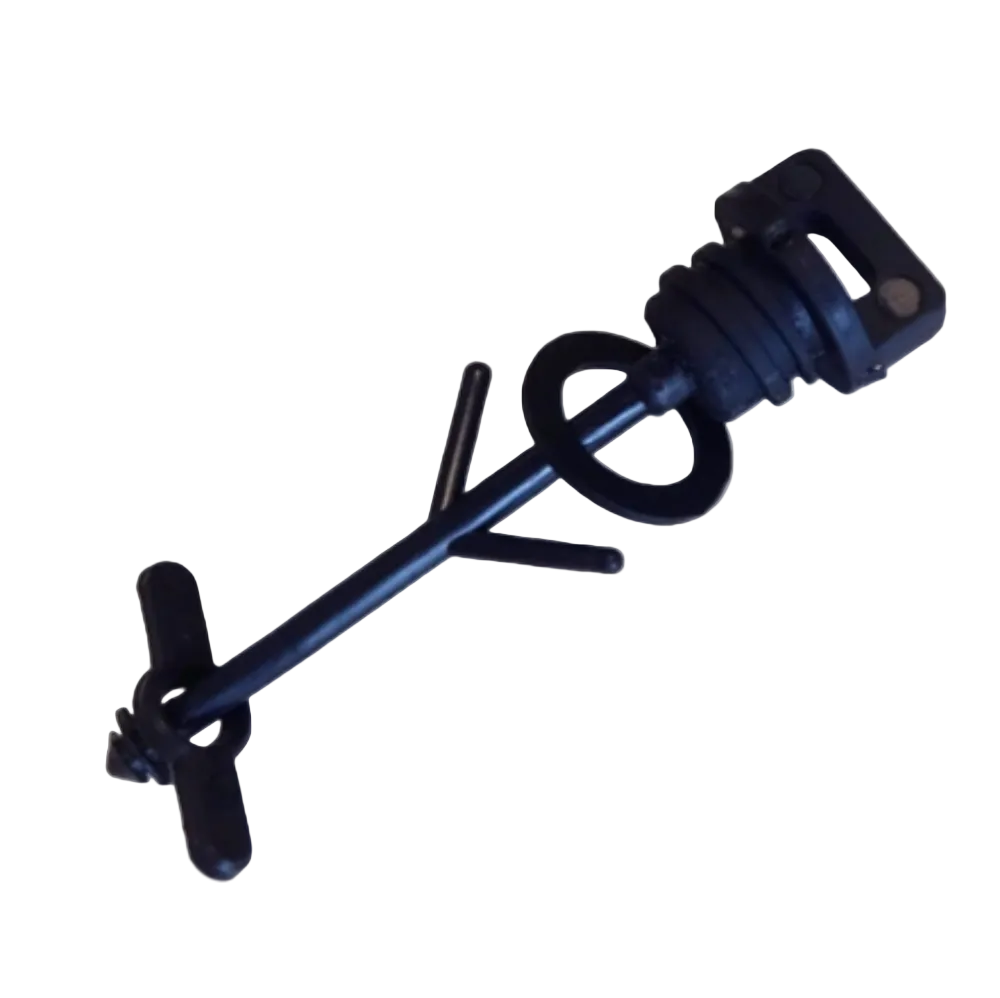 Black kayak drain plug with a tether on a white background