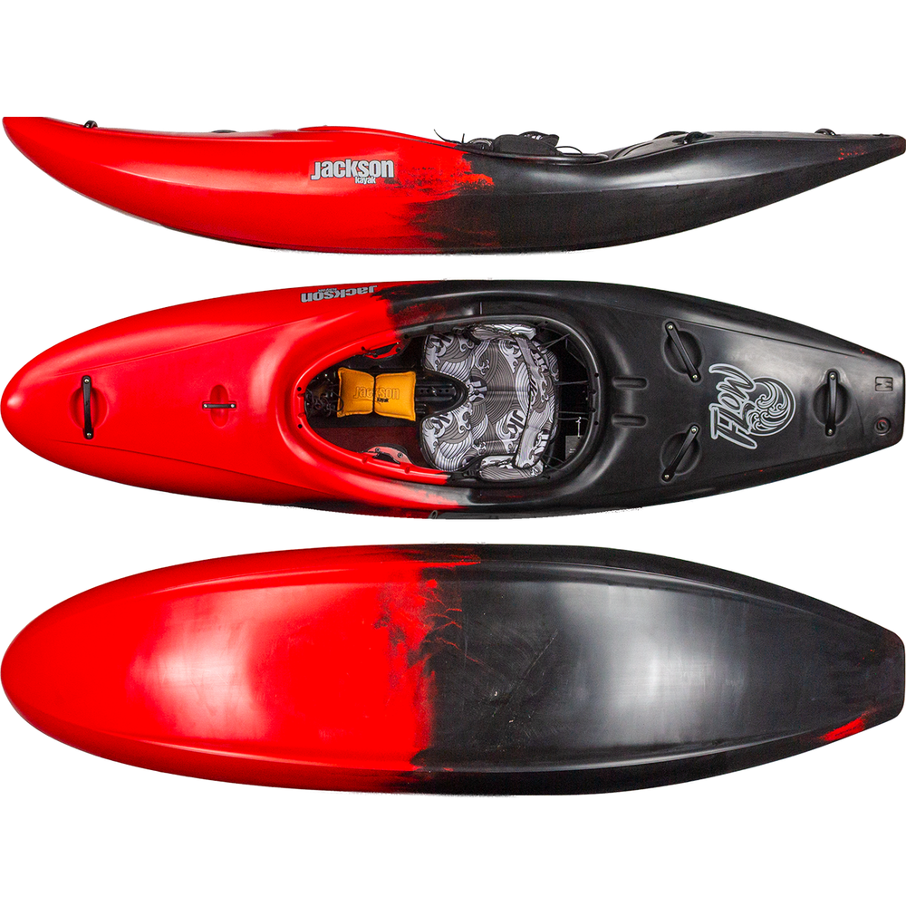 Red and black kayak with visible branding on a white background