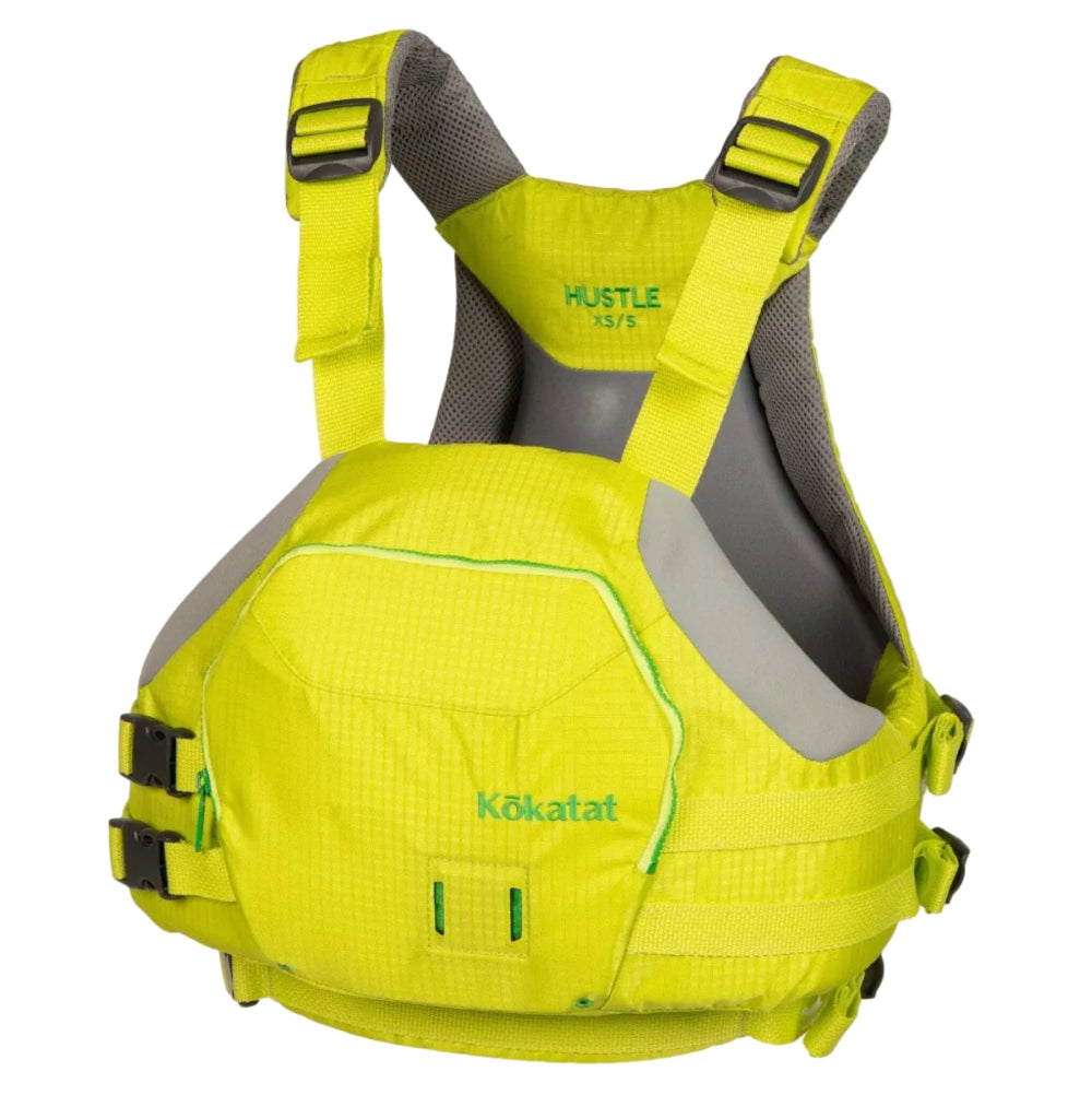 A yellow Kokatat Hustle PFD life vest with adjustable shoulder straps and a front pocket, designed for kayaking.