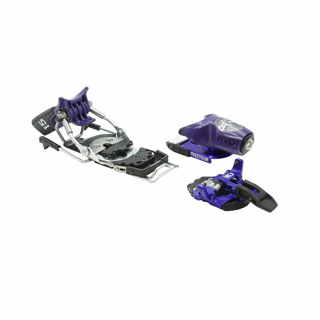 Set of purple and black ski bindings on a white background