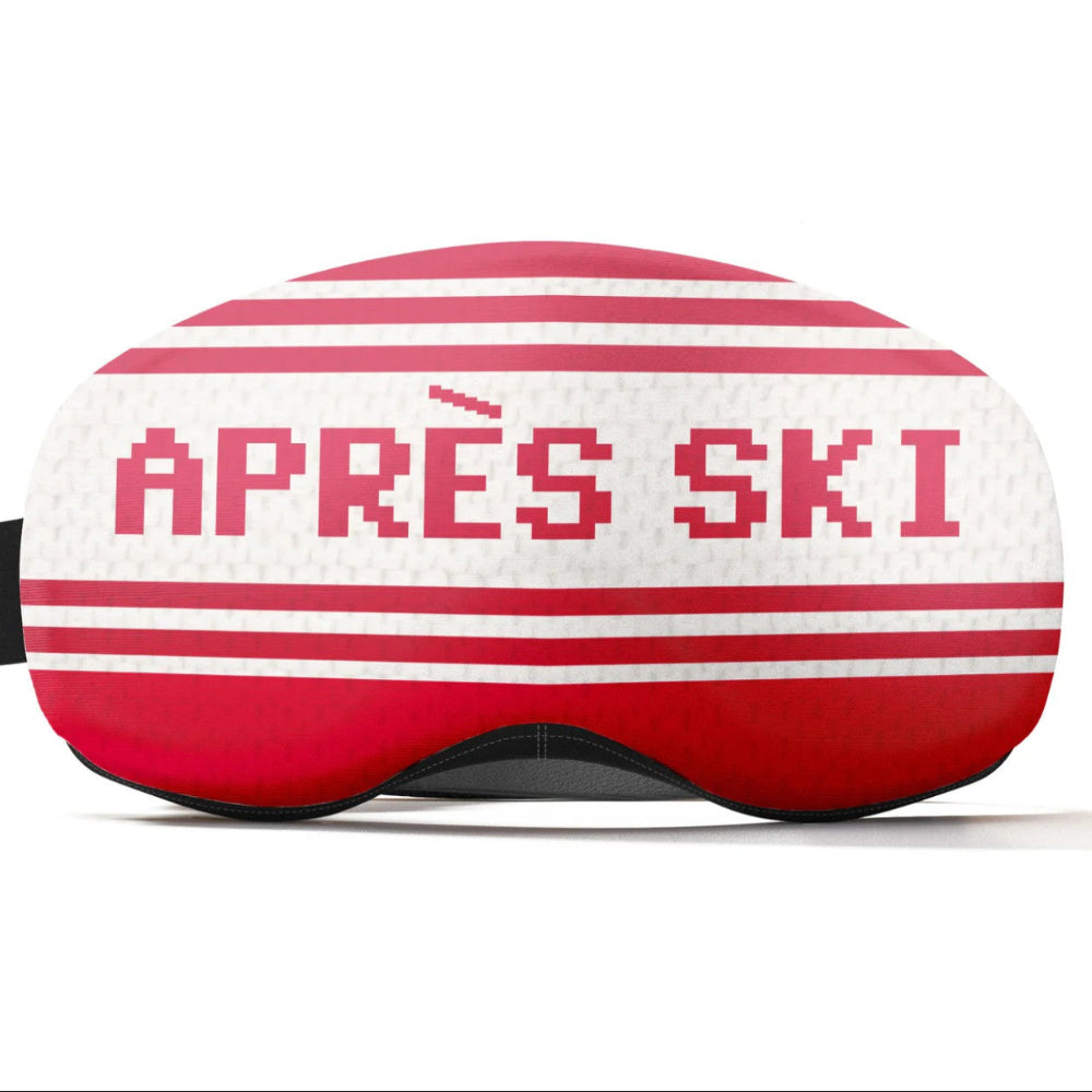 Red and white striped goggle mask with 'APRèS SKI' text on a white background