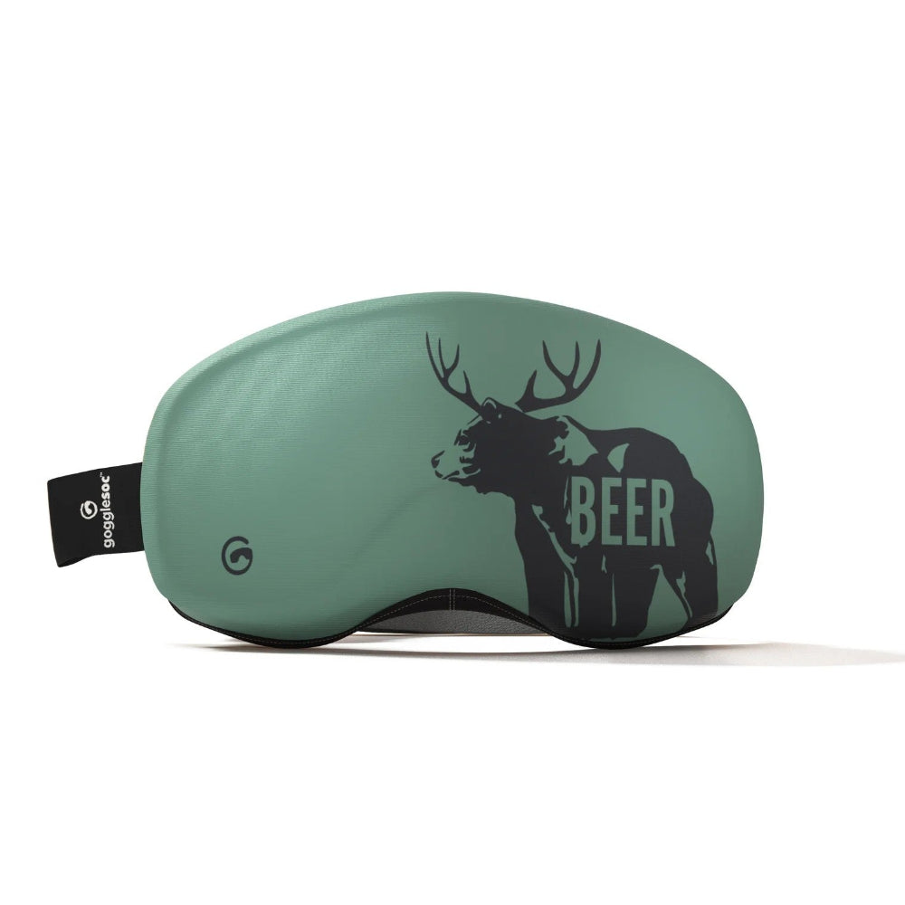 Green goggle mask with a deer and 'BEER' design on a white background
