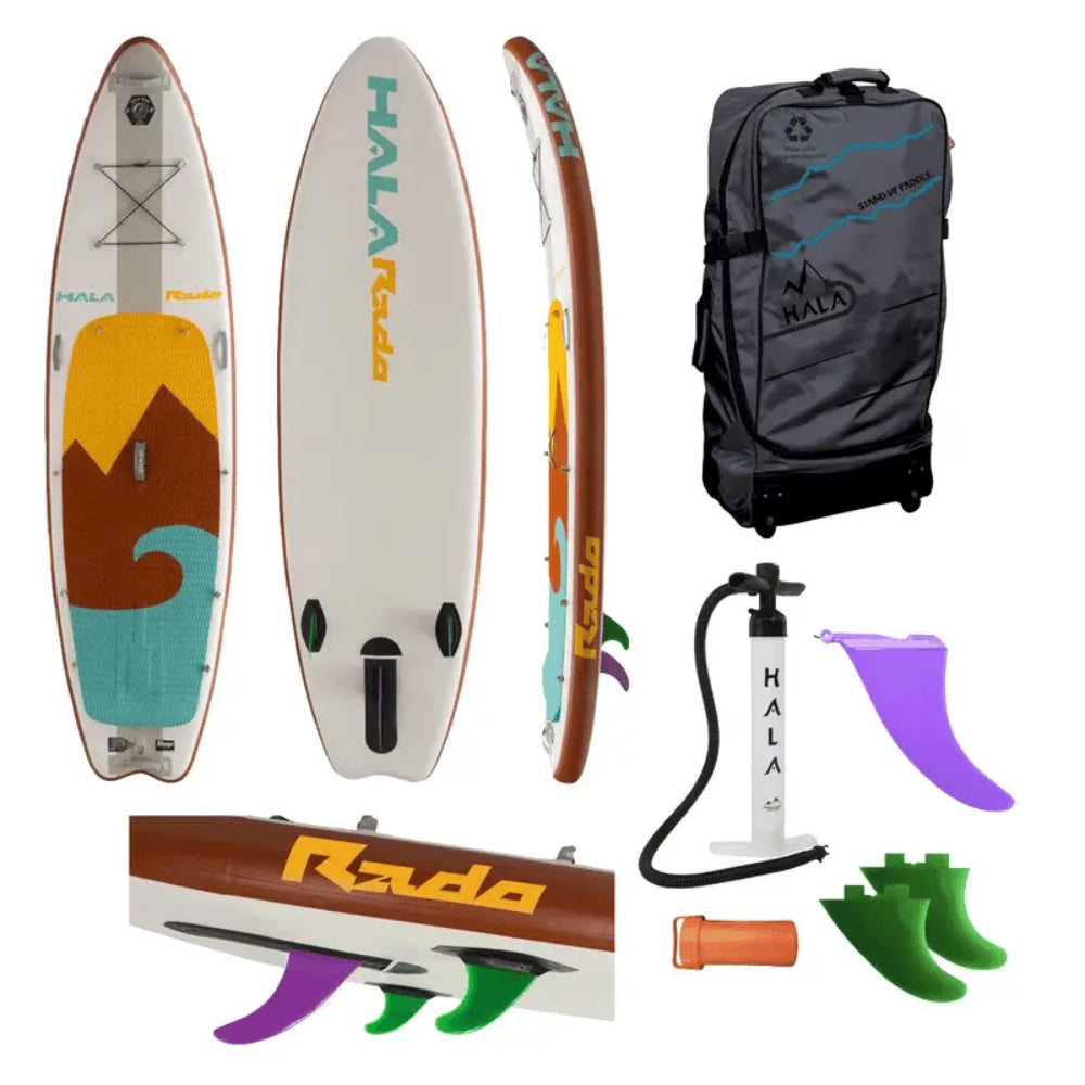 Collection of Hala paddle board accessories including a board, backpack, pump, and fins on a white background.