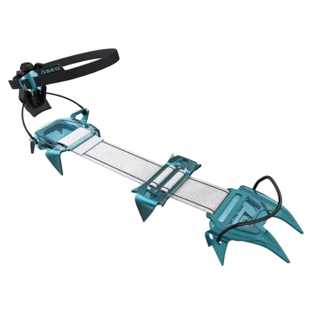 Teal crampon with metal spikes on a white background