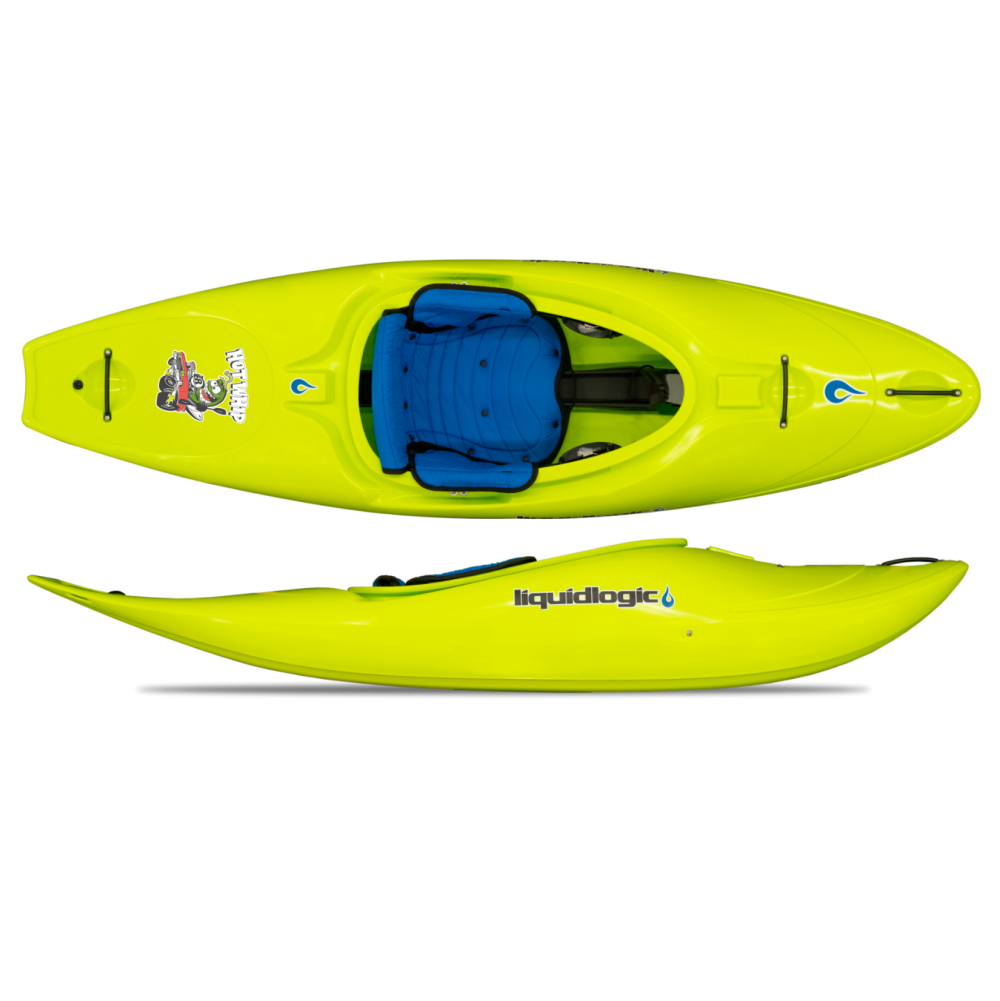 Two yellow kayaks with blue seats on a white background, featuring the Liquid Logic brand.