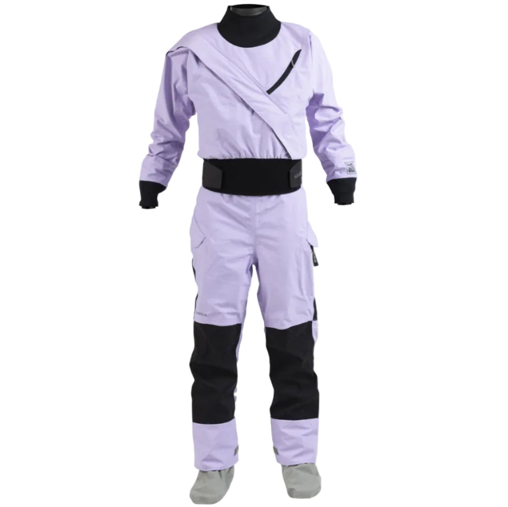 Light purple and black womens drysuit suit against a white background