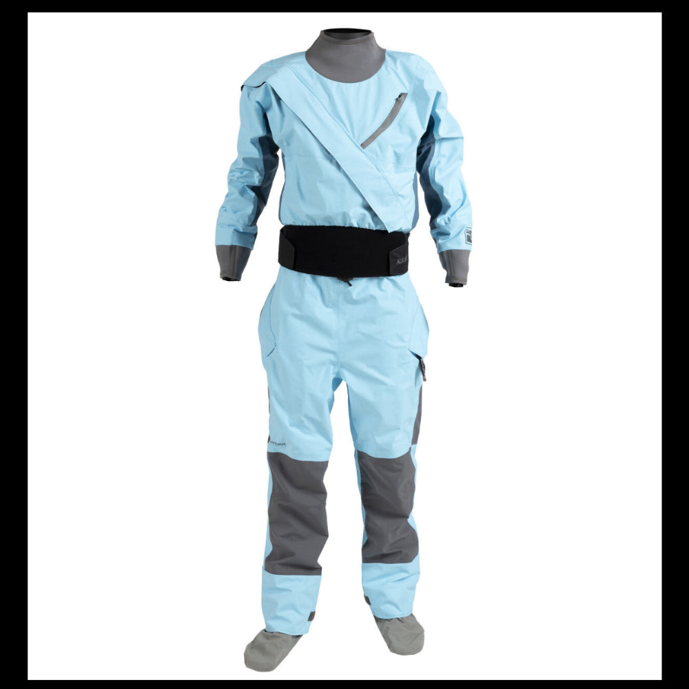 A front view of the Kokatat 2025 Womens Meridian Dry Suit in blue color with black accents and a waist belt.