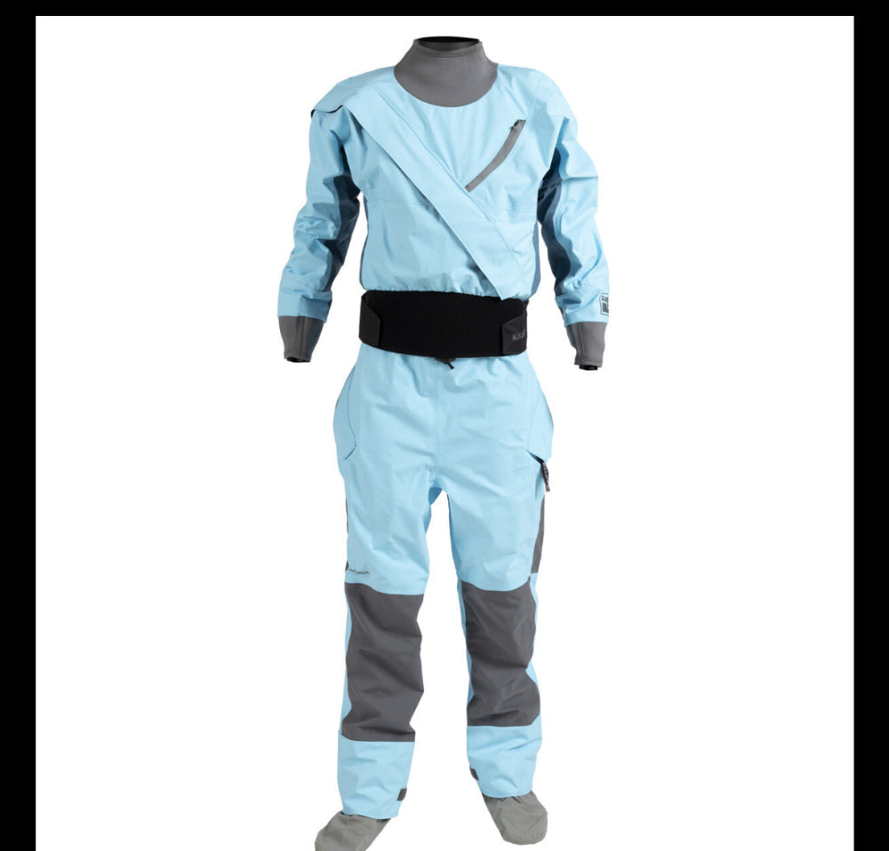 A front view of the Kokatat 2025 Womens Meridian Dry Suit in blue color with black accents and a waist belt.