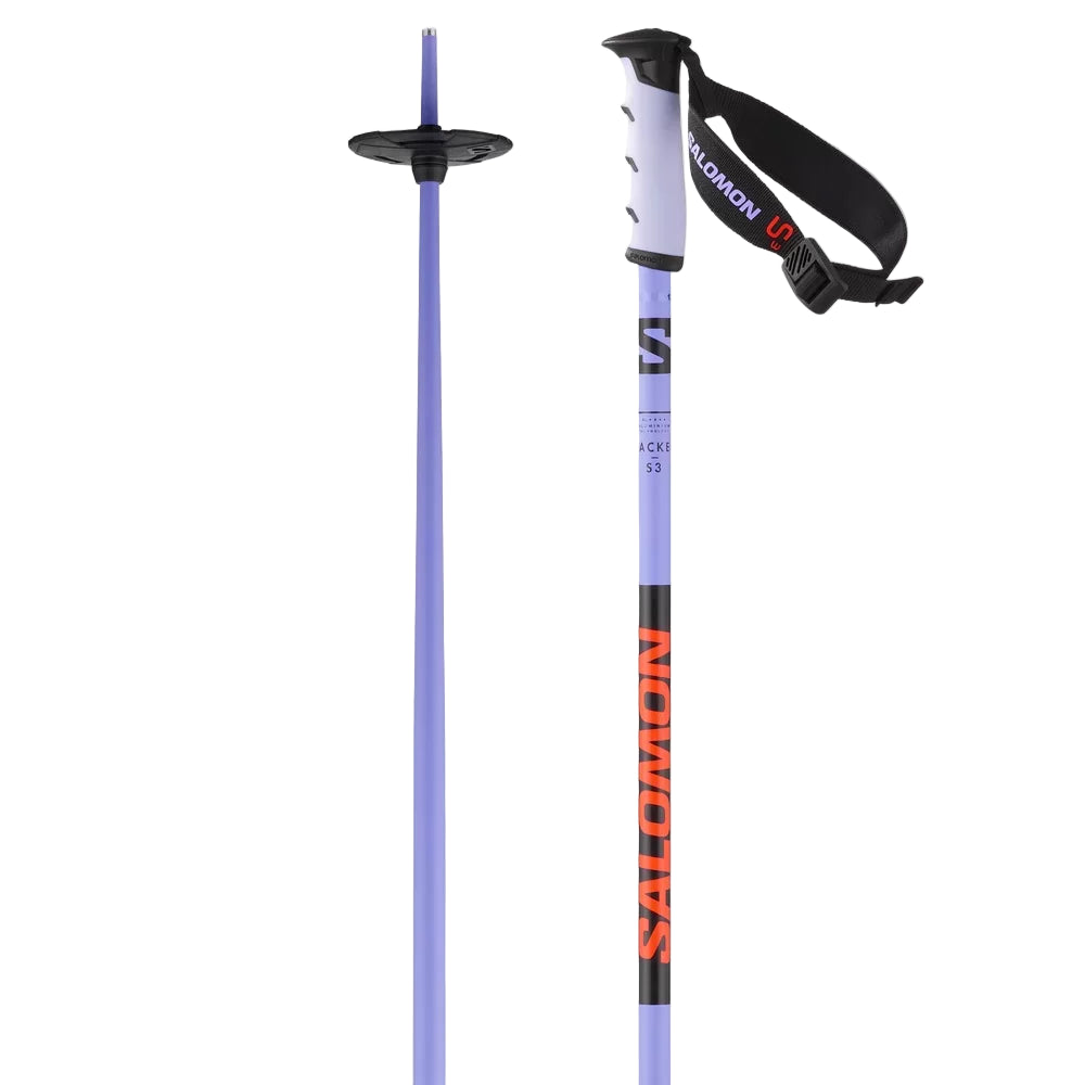 A pair of Salomon Hacker S3 ski poles with black grips and straps, predominantly purple in color with white and black branding details.
