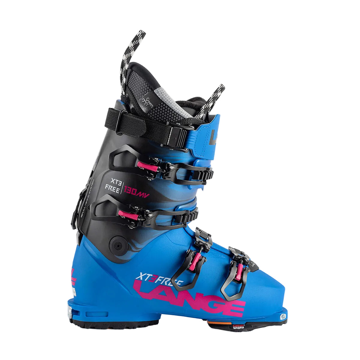 Blue and black ski boot with visible branding on a white background