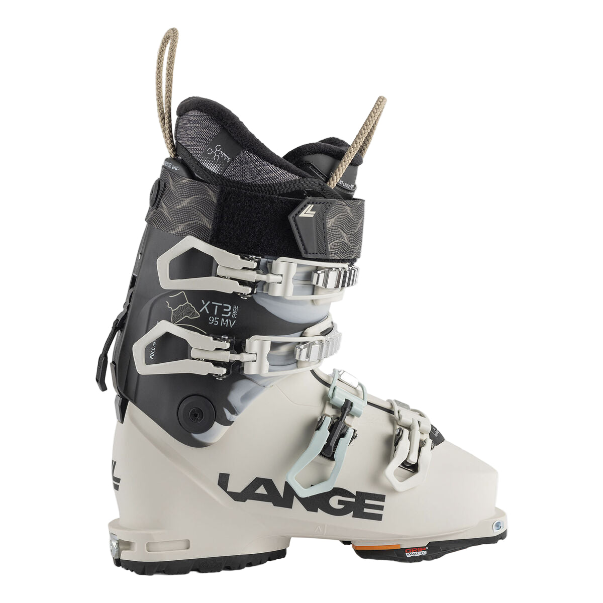 White and black ski boot with 'Lange' branding on a white background