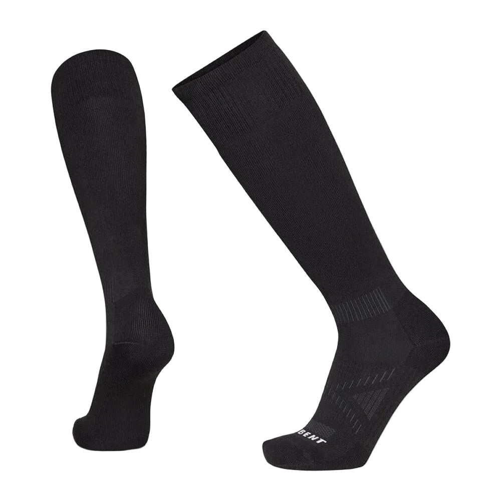 Pair of black knee-high socks on a light gray background