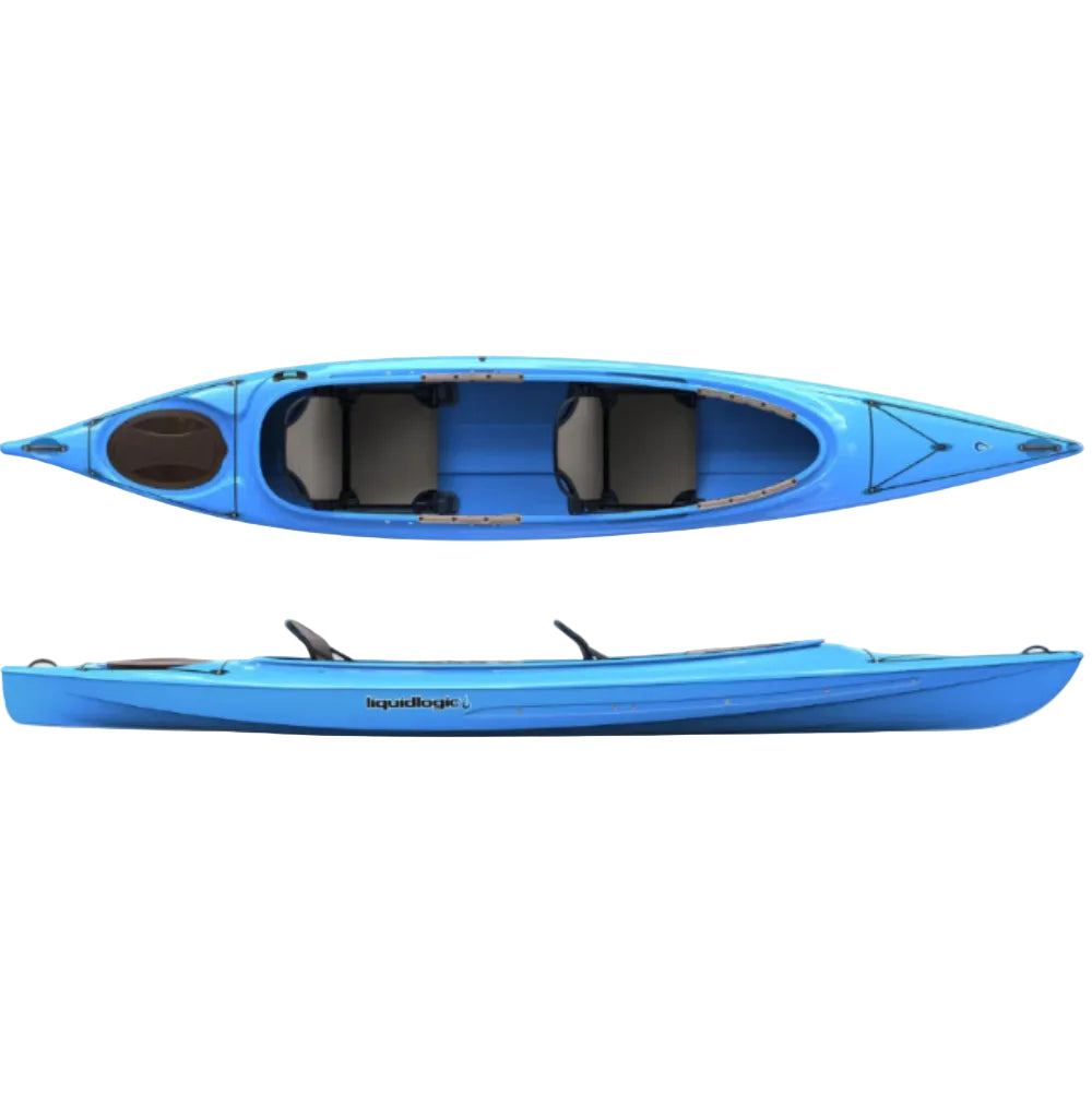 Blue kayak shown from top and side views on a light gray background