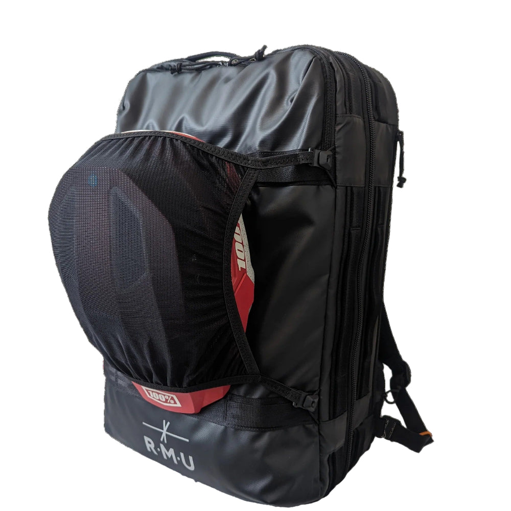 Black and gray backpack with RMU branding on a white background