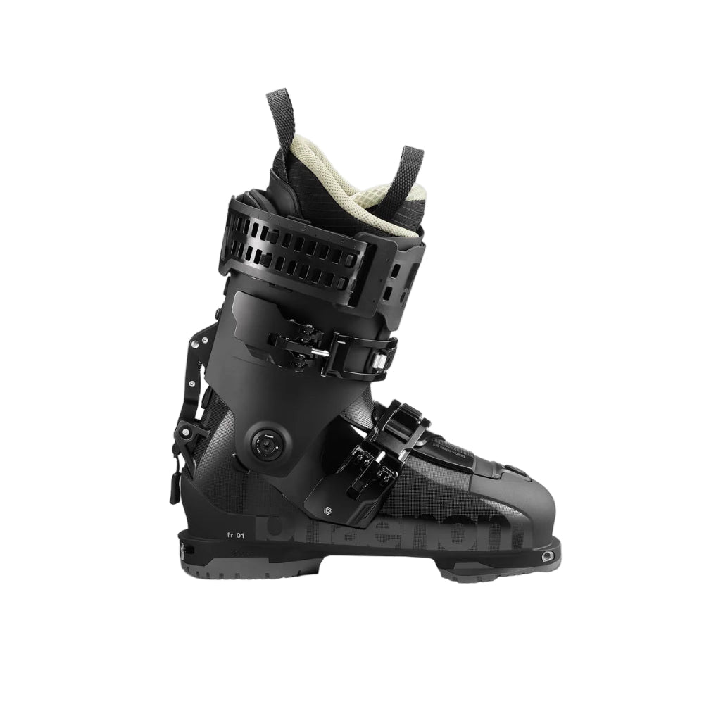 Black ski boot with brand logo on a white background
