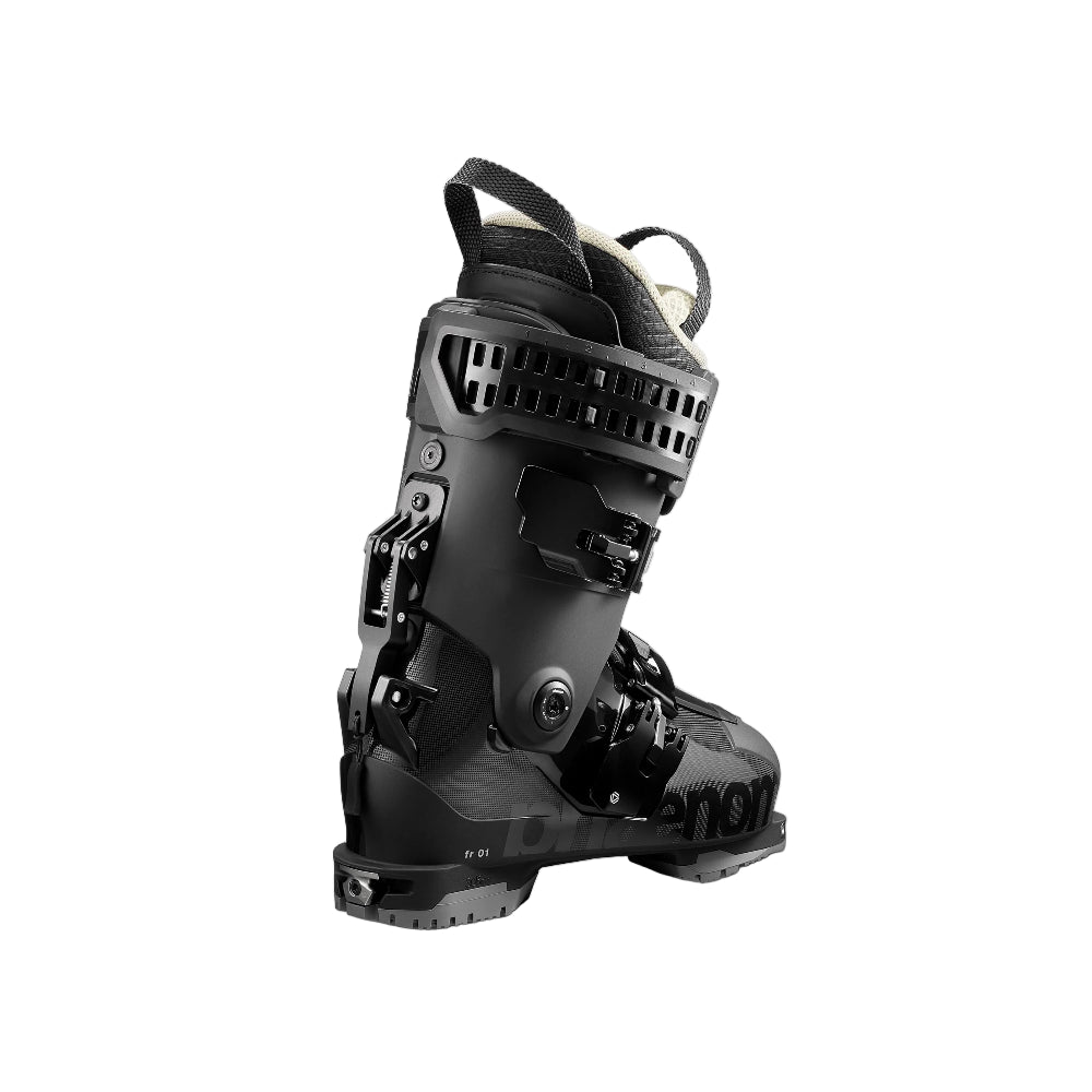 Black ski boot on a white background