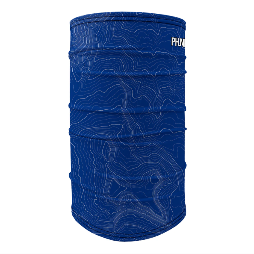 Blue patterned neck gaiter with brand logo on a white background