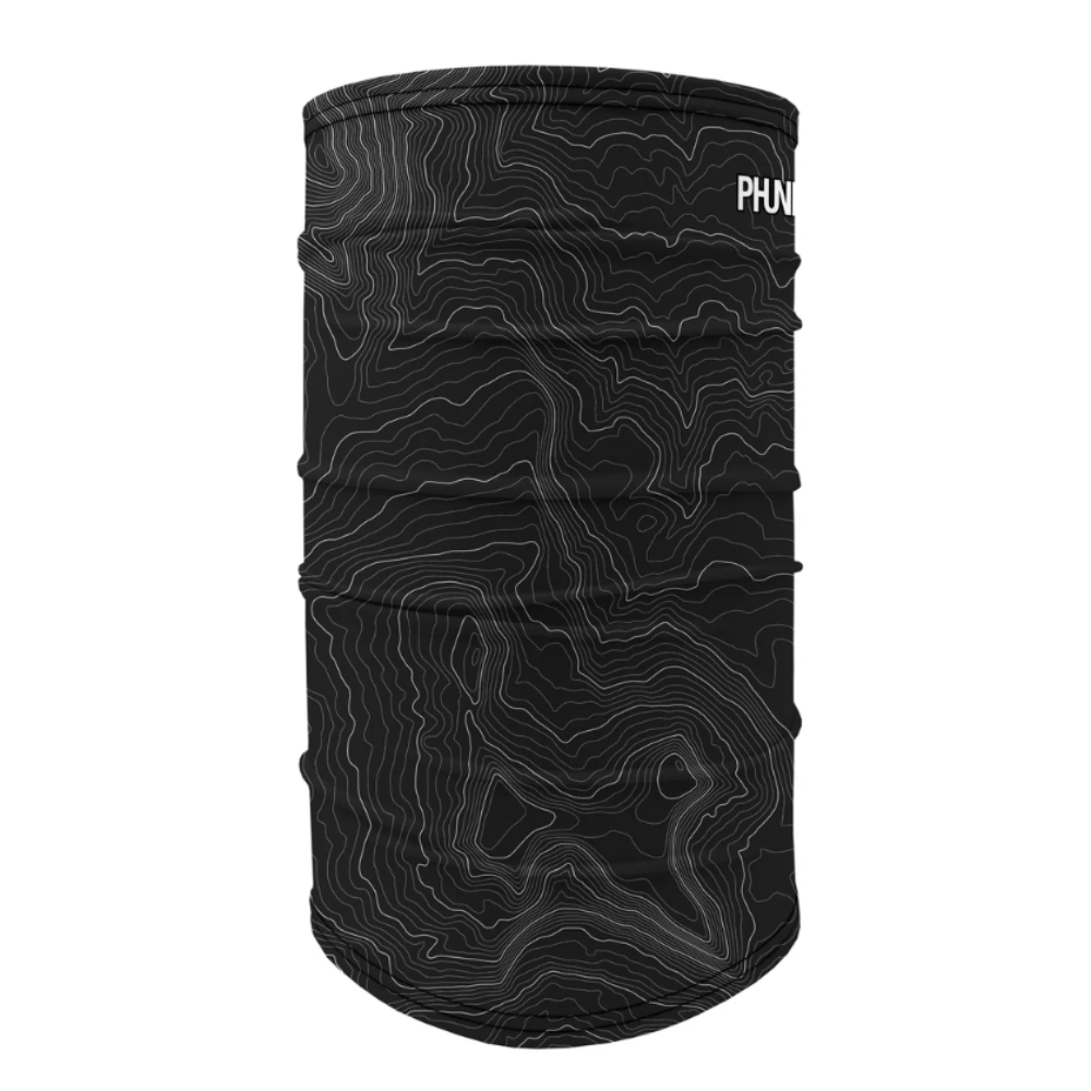 Black neck gaiter with white topographic pattern on a white background