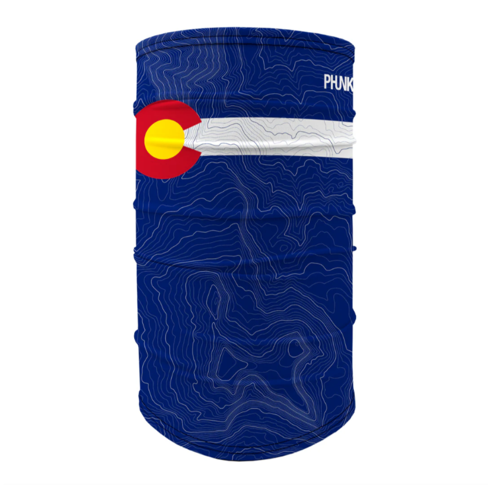Blue neck gaiter with Colorado flag design on a white background