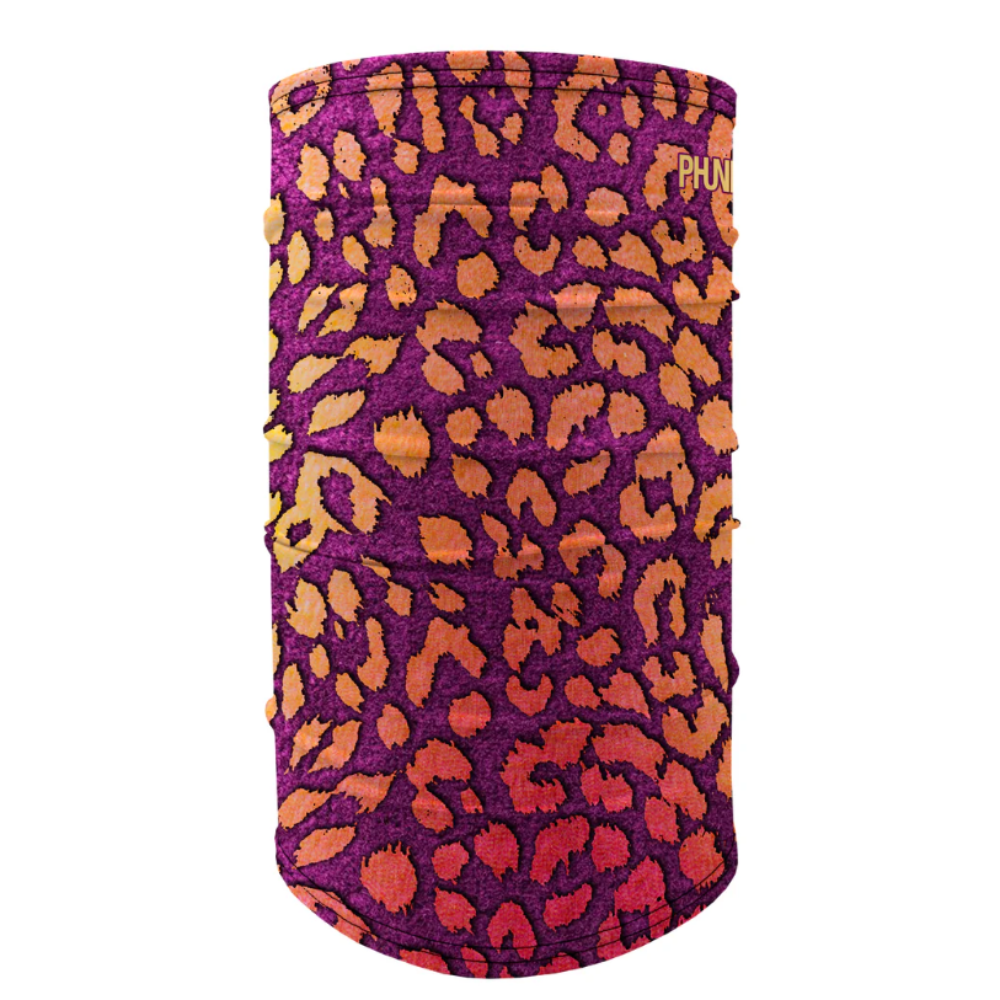 Purple headband with orange leopard print pattern on a white background