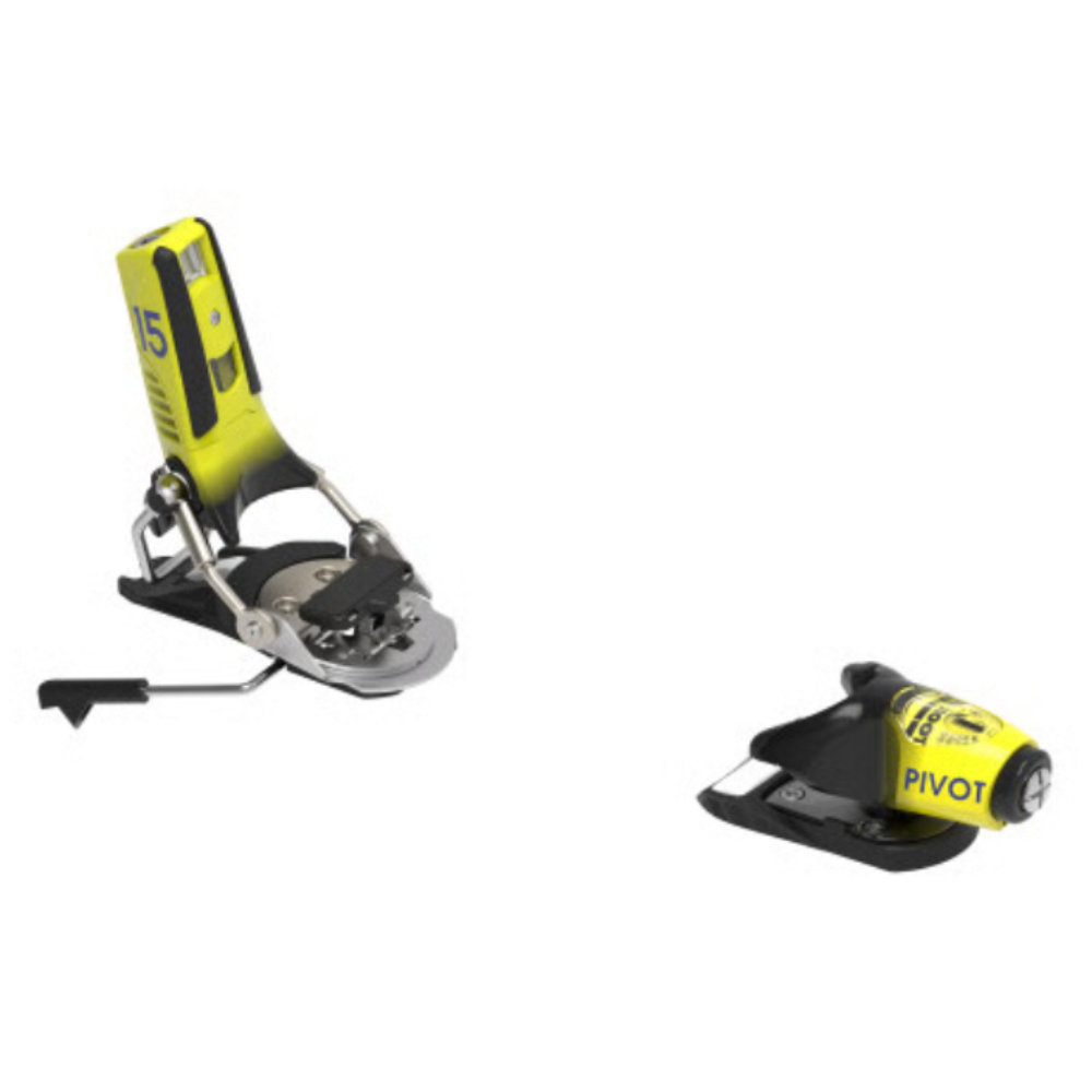 Two ski bindings with yellow and black design on a white background