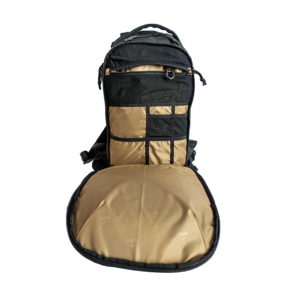 Black and beige backpack on a white background
