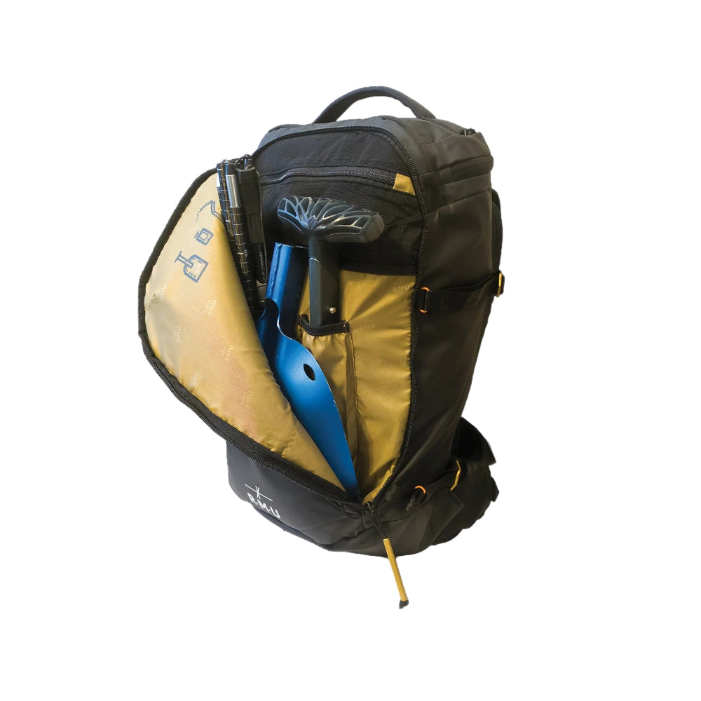 Backpack with a blue and yellow paddle on a white background