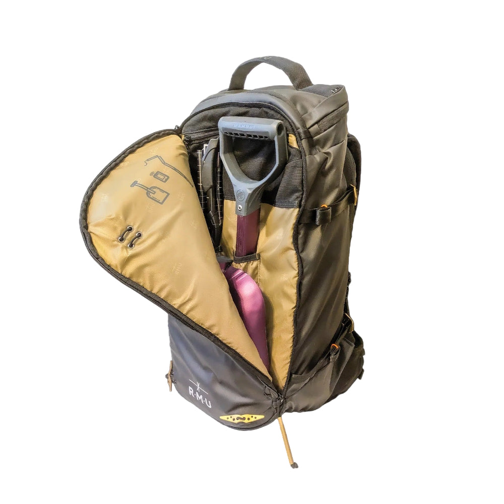 Backpack with open compartment revealing ski equipment on a white background