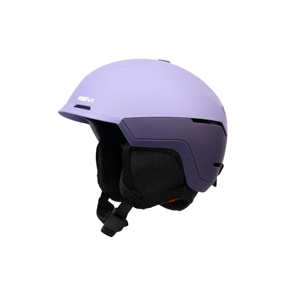 Purple helmet with black strap on a white background, featuring the brand 'REVI'.
