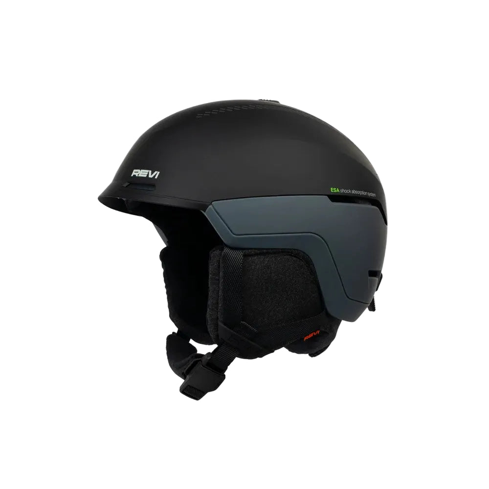 Black helmet with REVV branding on a light gray background