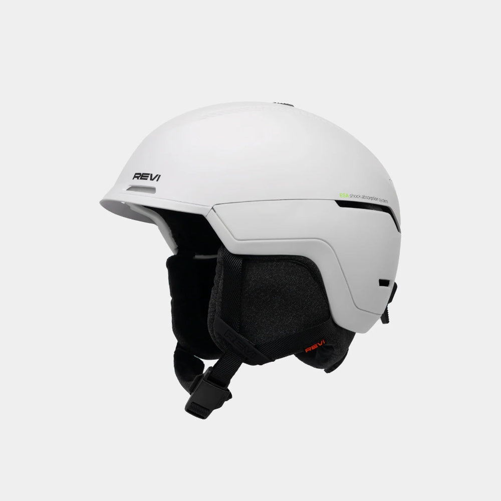 White helmet with black interior and REVI branding on a light gray background