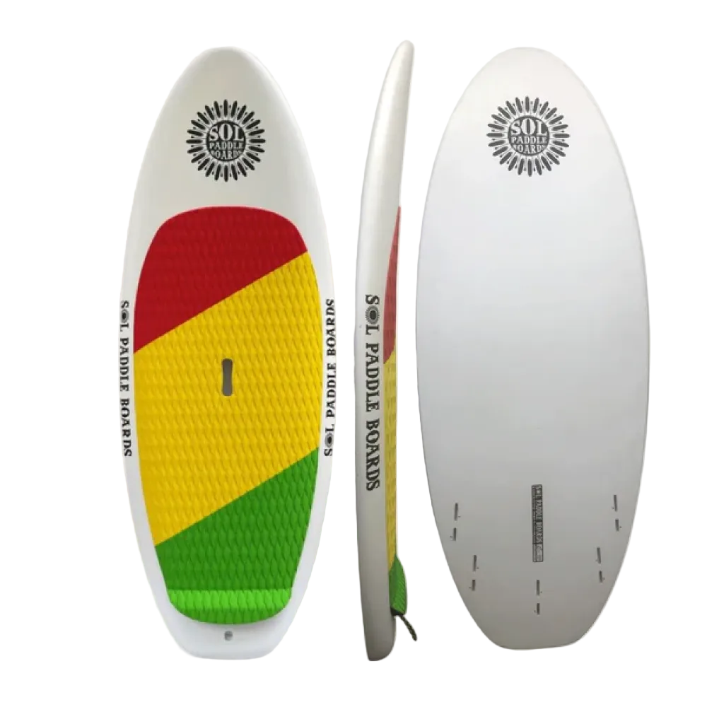 This is an image of a SOL Scepter Epoxy River Surf Board, featuring a multicolored top with a geometric pattern in red, yellow, and green, and a white bottom. The board includes a logo at the center and five fin boxes for different configurations.