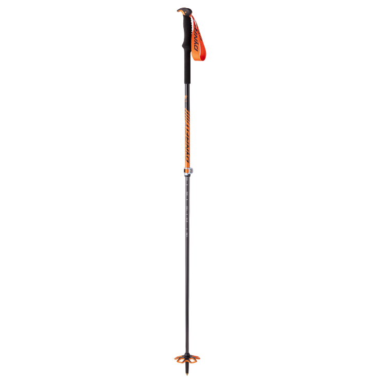 A black Dynafit Speed Vario 2 carbon fiber ski pole with an orange grip and a black powder basket.