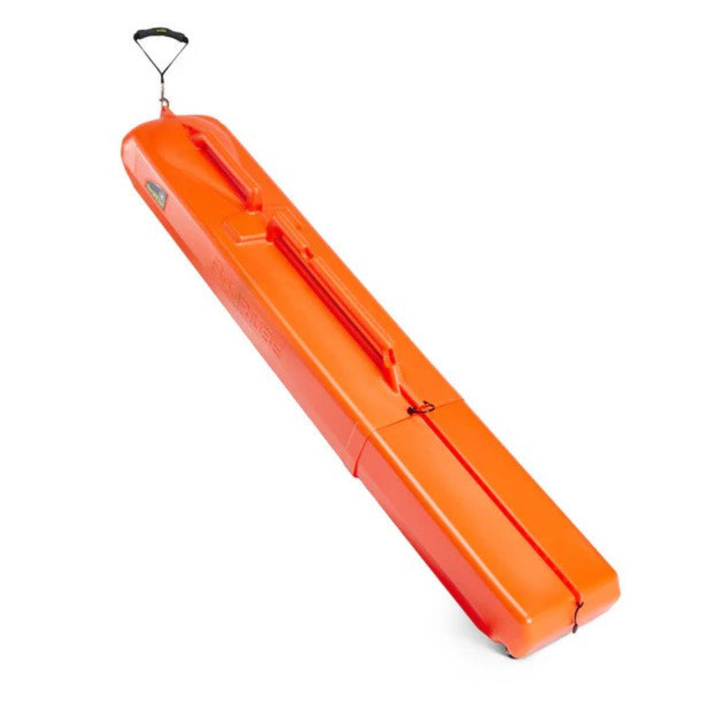 Orange Hard ski case with a handle on a white background