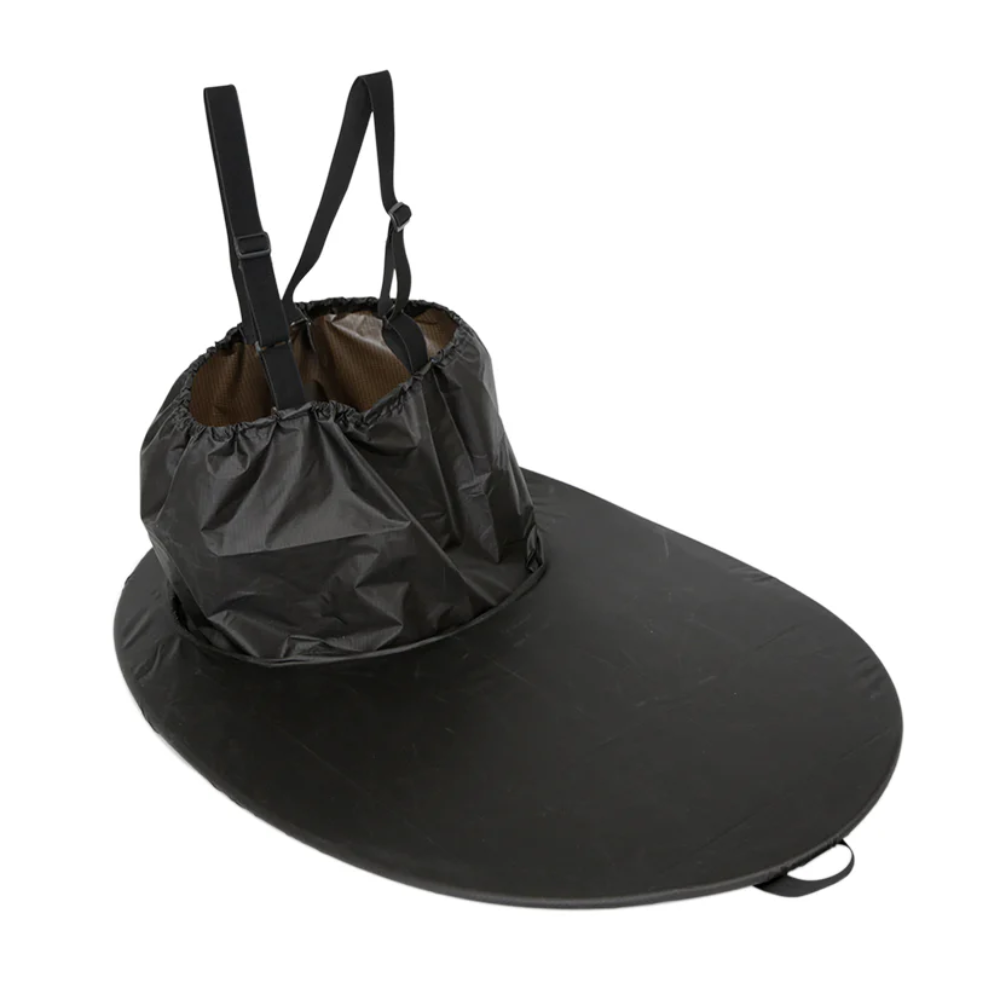 A Black spray deck for packrafts with suspenders on a white background