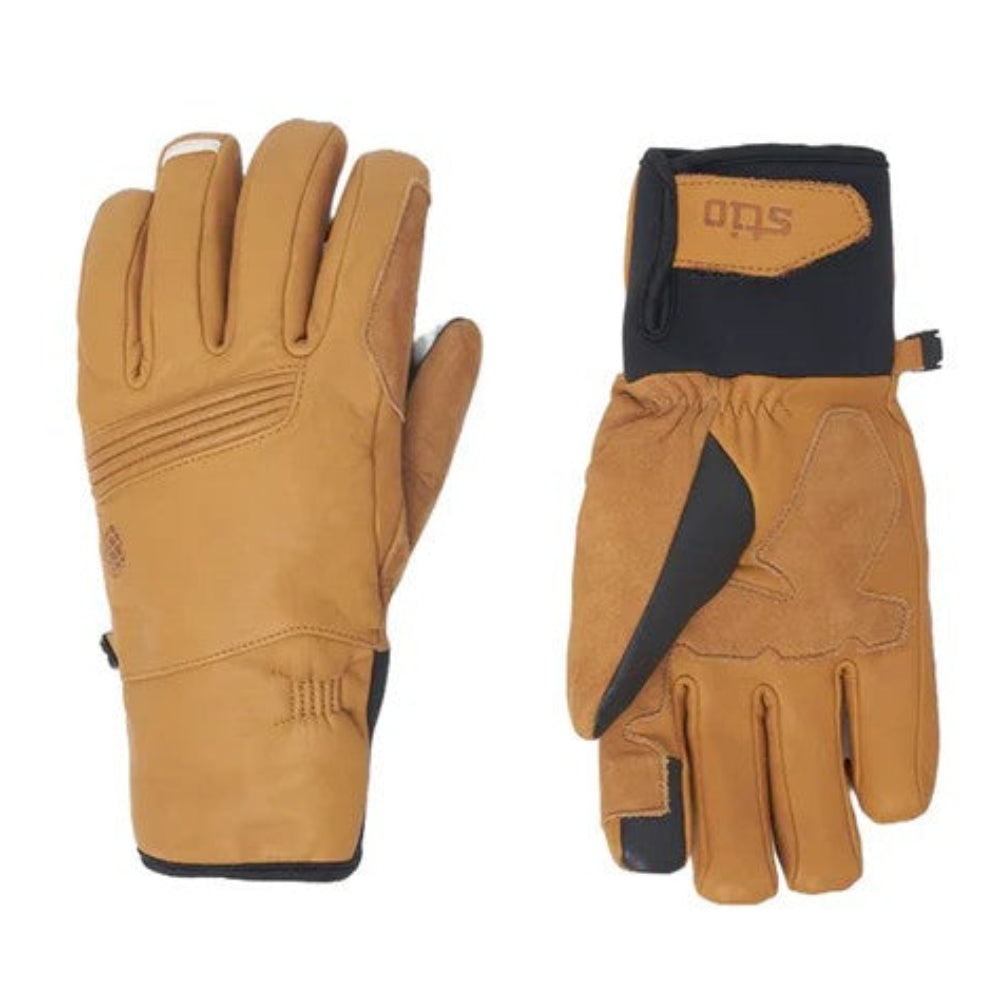 Pair of tan gloves with black accents on a white background