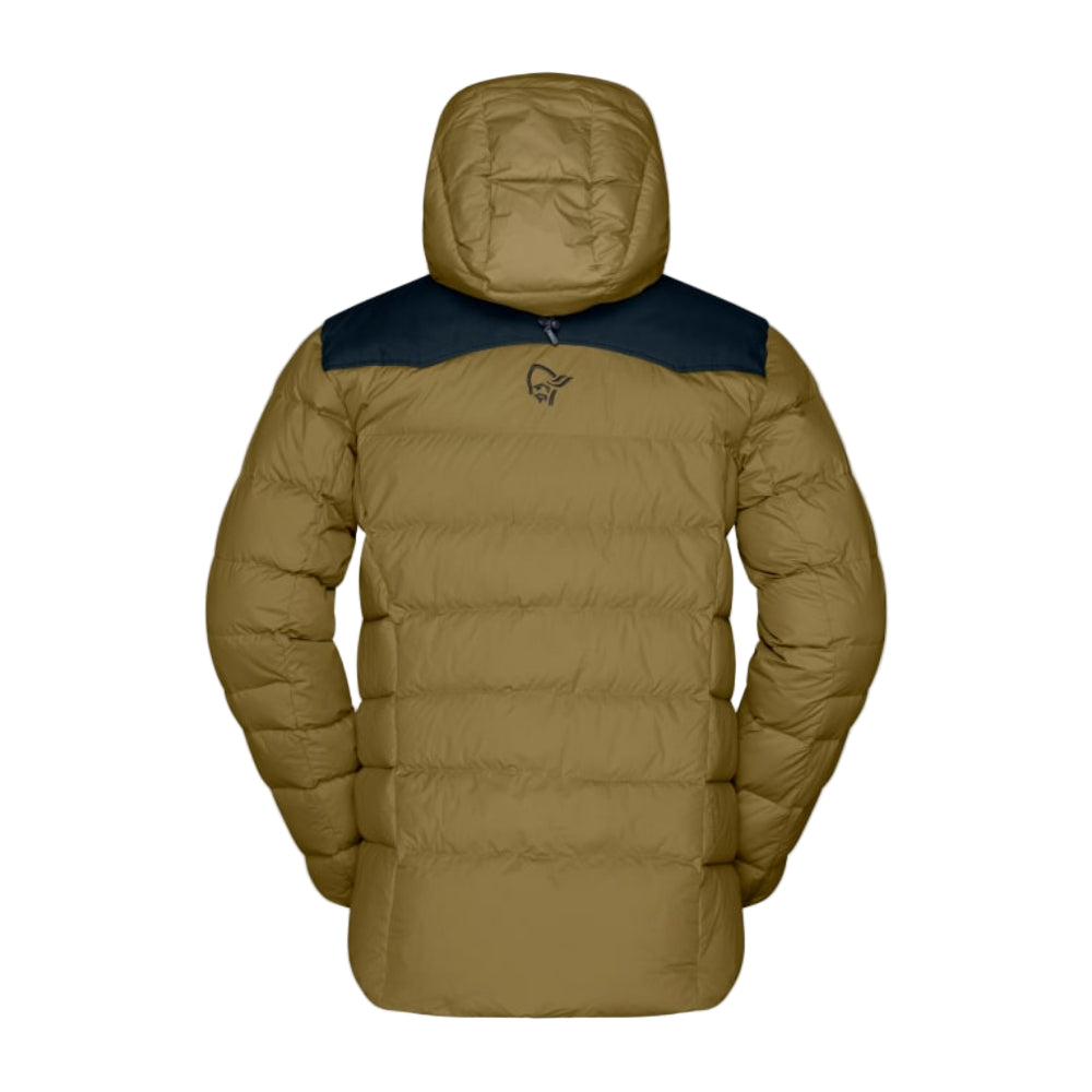 Brown puffer jacket with a hood on a gray background