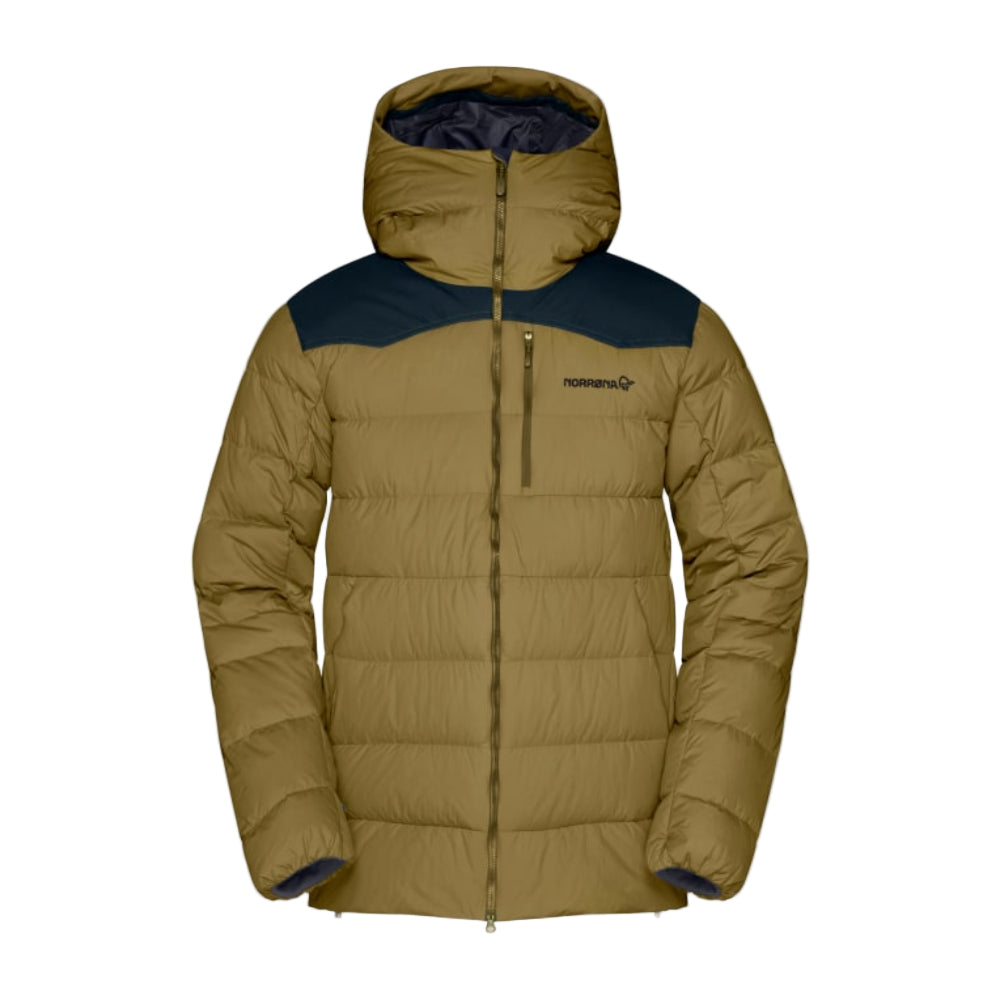 Brown puffer jacket with a dark blue hood on a gray background