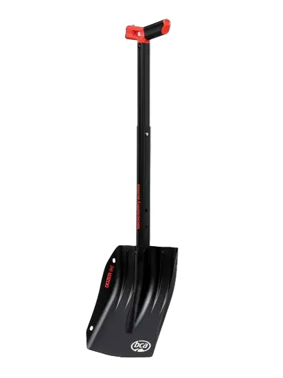 A black BCA Dozer 2H-S avalanche shovel with an oval-concave shaft and red detailing on the handle.