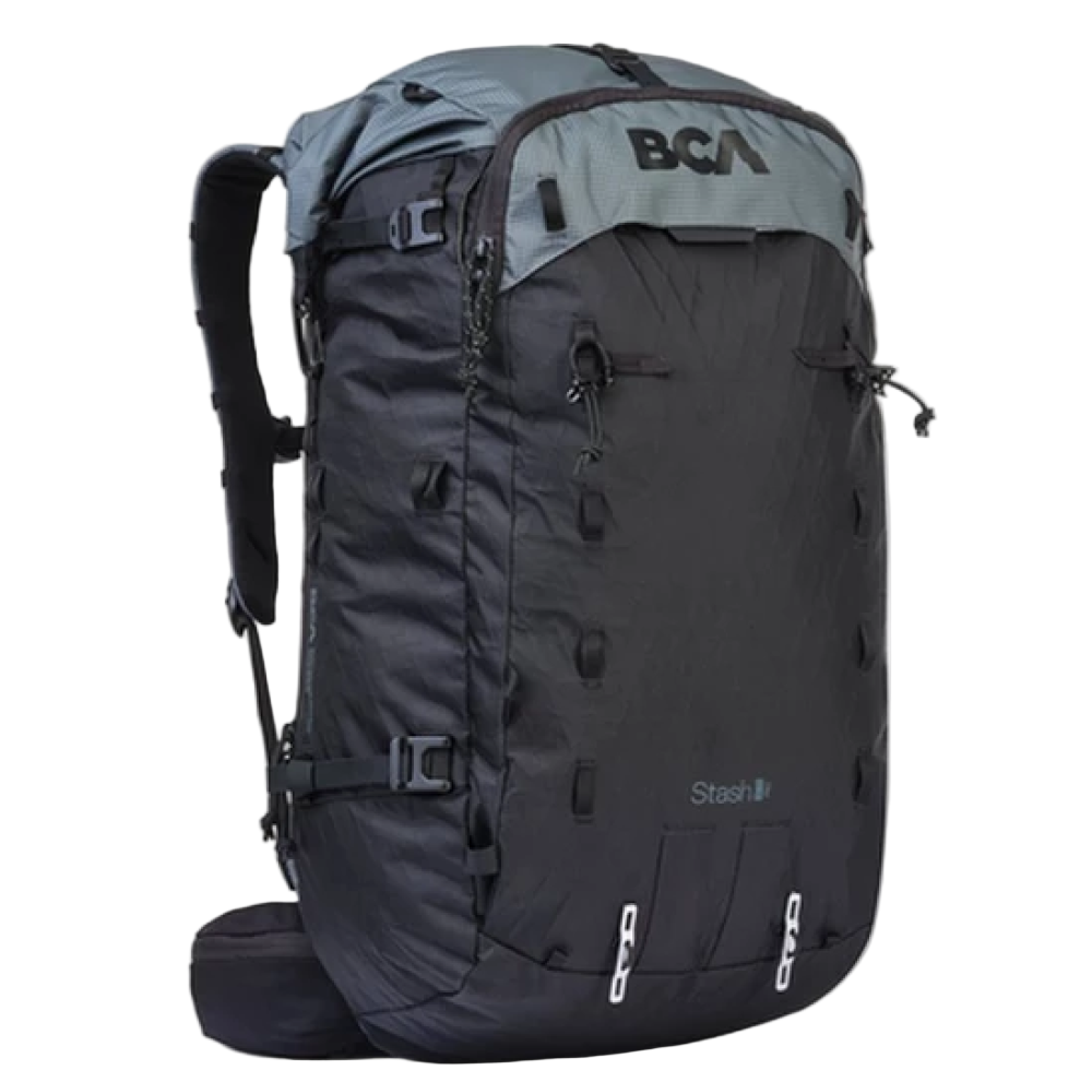 Black and gray backpack with BCA logo on a white background