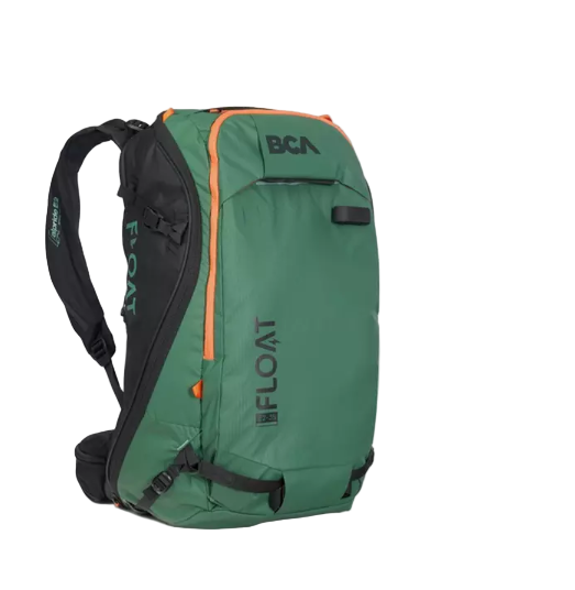 A black BCA Float E2 35L avalanche airbag pack with a white BCA logo, designed for winter sports.