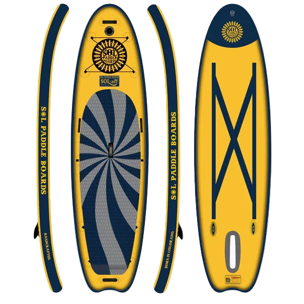 A yellow and blue SOLrey paddle board with a geometric pattern, featuring the Switchblade Fin System, displayed in both top and bottom views.