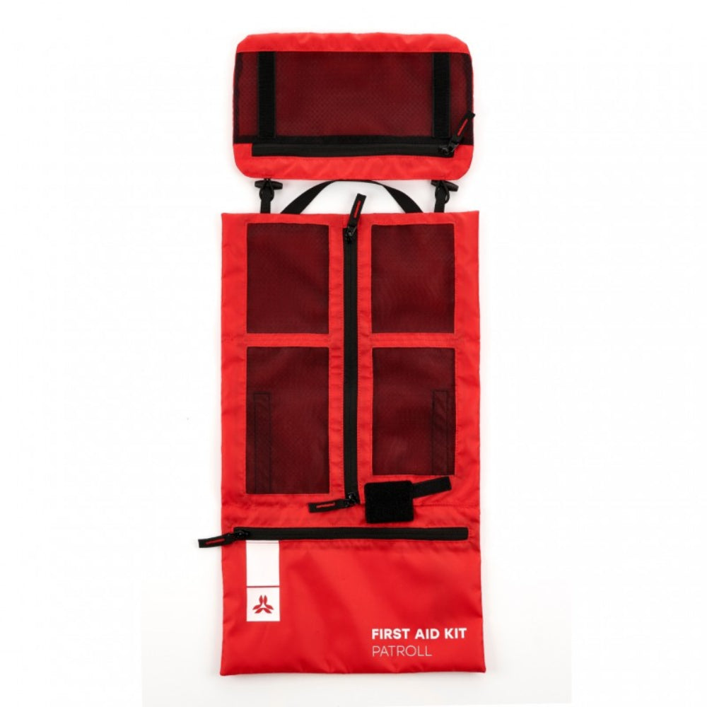 Red first aid kit with visible branding on a white background